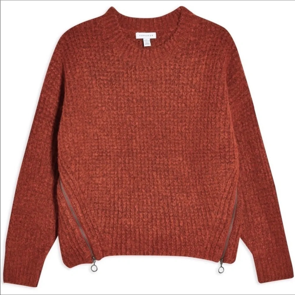 TopShop Zip Detail Waffle Knit Sweater Blouse Top Zipper Brown Rust Pullover
